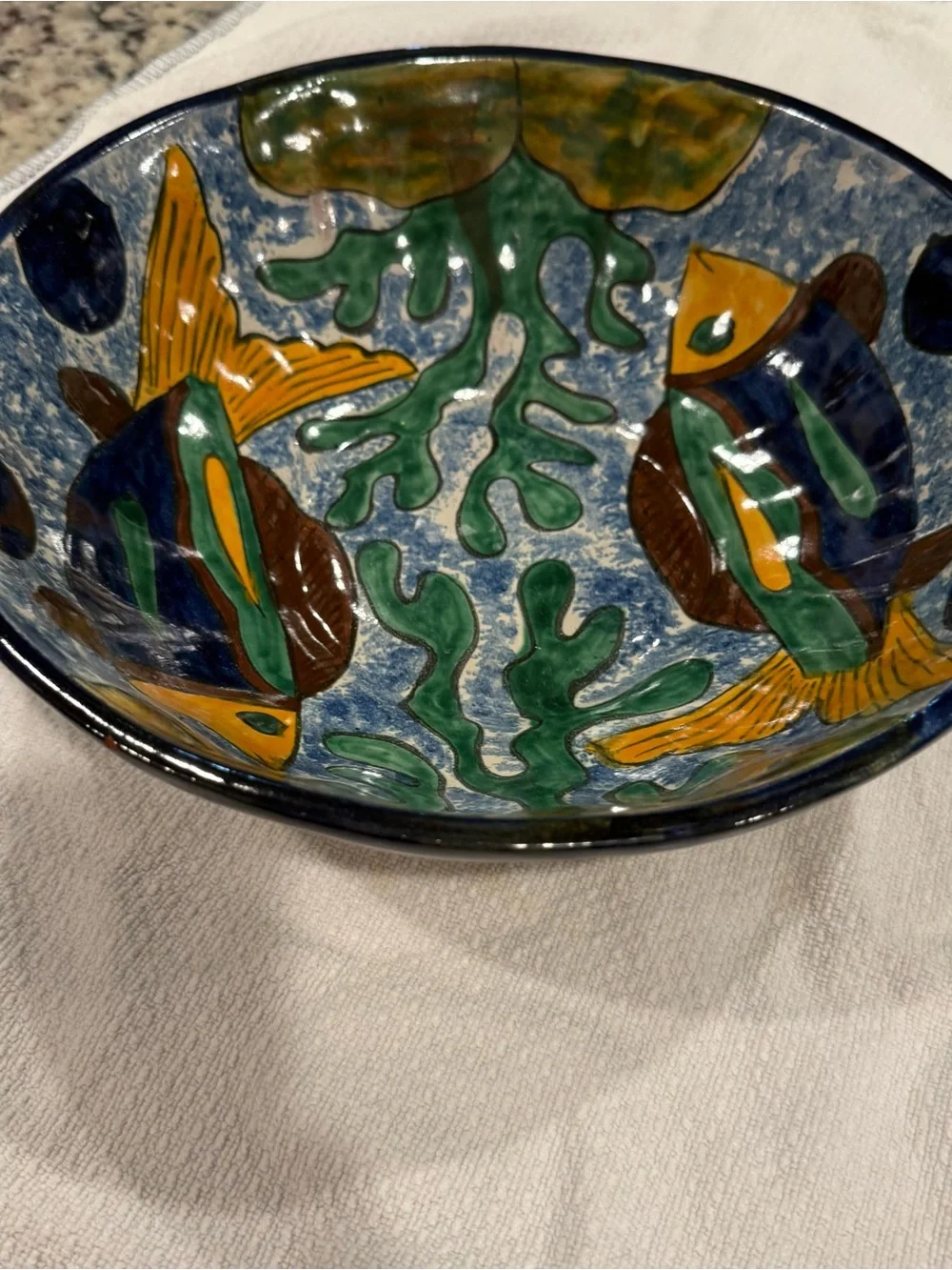 Hand-Painted Blue & Yellow Fish Ceramic Bowl - Brand